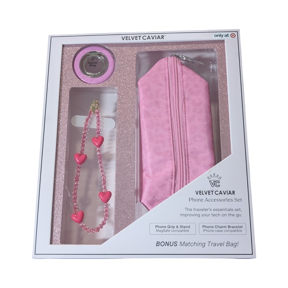 VELVET CAVIAR Phone Accessories Set Hot Pink Leopard Phone Grip Stand Travel Bag